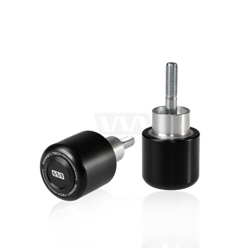 Two motorcycle frame sliders with black and silver design on a white background