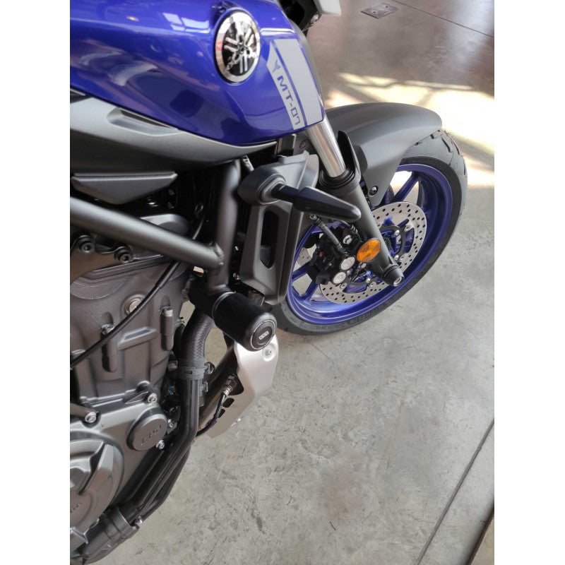 Close-up of the Yamaha MT07 frame sliders installed on a Yamaha MT07
