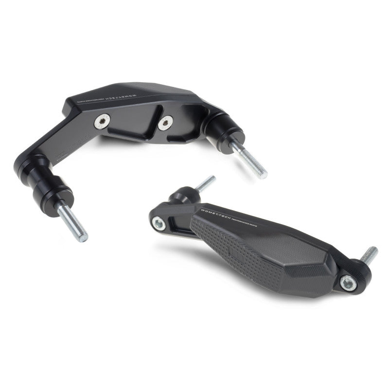 Black metal multi-point motorcycle frame sliders with adjustable components on a white background