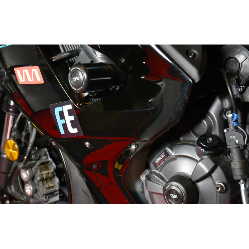 Close-up of the Yamaha R7 frame sliders installed on a Yamaha R7